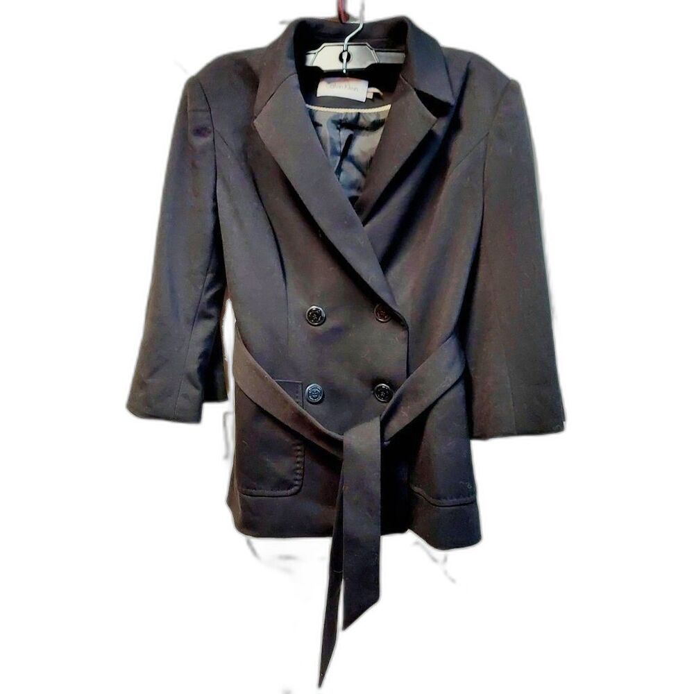 Calvin Klein Women's Black Blazer Jacket Double-Breasted w/ Belt Size 2 Lined